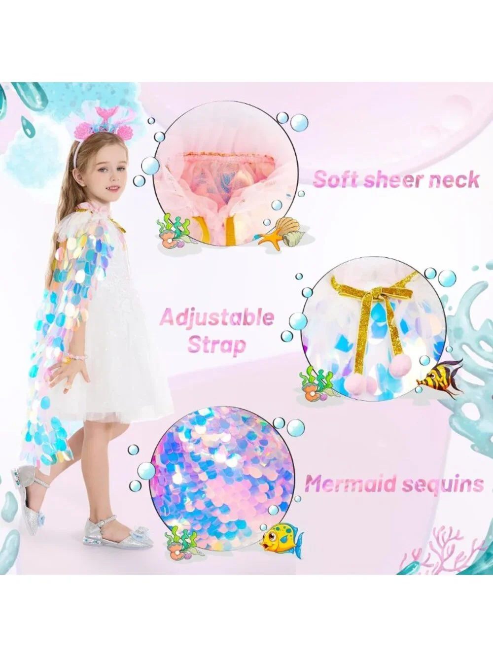 Rainbow Mermaid Cape & Princess Dress Up Set - 9 Pcs Costume Kit for Girls 3-8